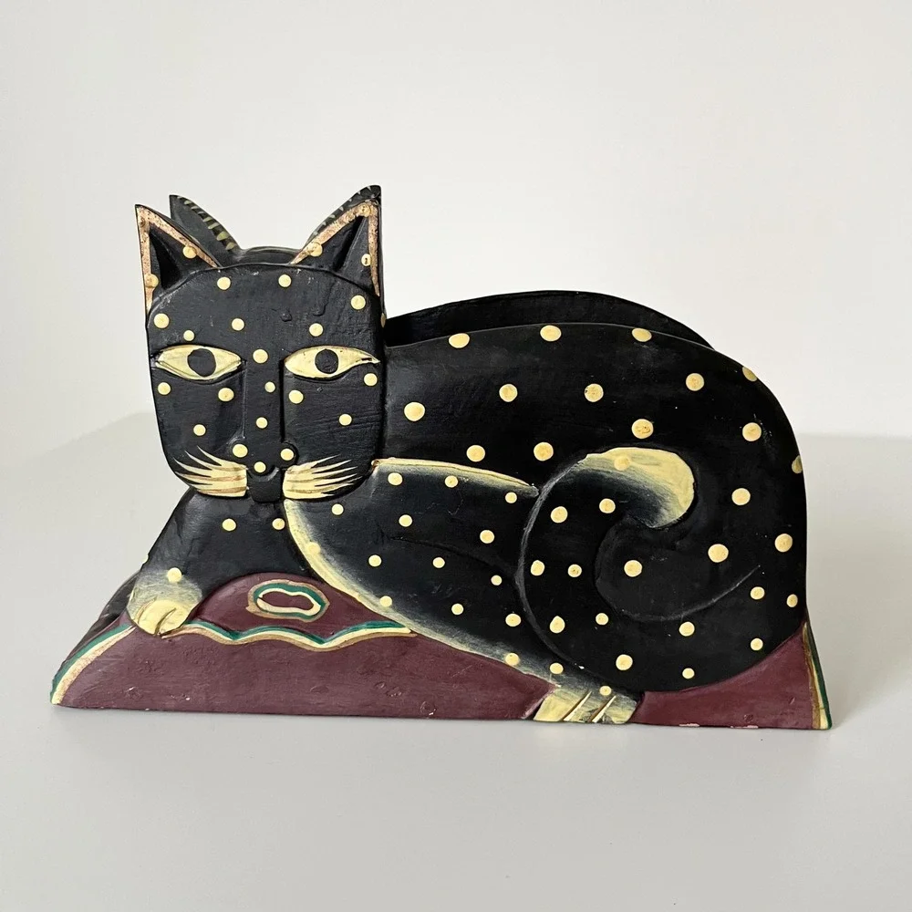 Wooden Cat Carved Painted Napkin Letter Holder Polka Dot Folk Art Halloween Fall
